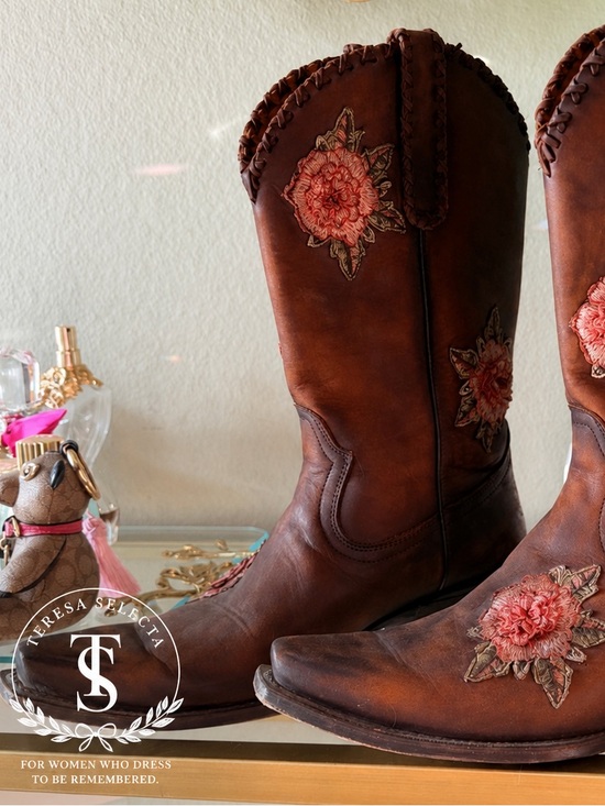 Shyanne Shoes - Shyanne Women's Brown Leather Lace-Up Western Boots with Pink Floral Embroidery